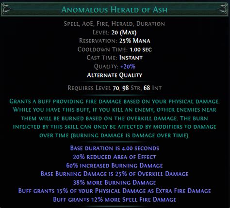 Grants a buff providing fire damage based on your physical damage. . Herald of ash poe